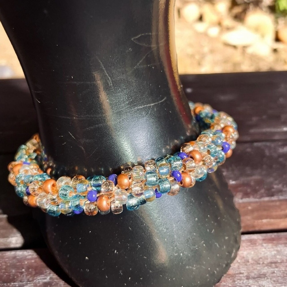Handmade Glass‎ Bead Woven Bracelet Blue Bronze Clear Boho Festival Adjustable